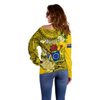Personalized Cook Islands Aitutaki Off Shoulder Sweater Coat Of Arms Plumeria Polynesian Turtle LT05 - Polynesian Pride