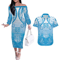Fiji Day Couples Matching Off The Shoulder Long Sleeve Dress and Hawaiian Shirt 55th Anniversary Forever Fiji - Polynesian Pride