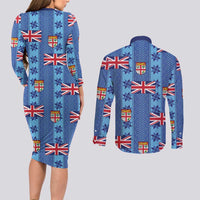 Fiji Masi Tapa Couples Matching Long Sleeve Bodycon Dress and Long Sleeve Button Shirt Coat Of Arms - Polynesian Pride