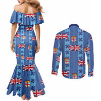 Fiji Masi Tapa Couples Matching Mermaid Dress and Long Sleeve Button Shirt Coat Of Arms - Polynesian Pride