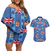Fiji Masi Tapa Couples Matching Off Shoulder Short Dress and Hawaiian Shirt Coat Of Arms - Polynesian Pride