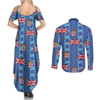 Fiji Masi Tapa Couples Matching Summer Maxi Dress and Long Sleeve Button Shirt Coat Of Arms - Polynesian Pride