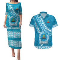 Custom Lavengamalie College Couples Matching Puletasi Dress and Hawaiian Shirt Tongan Kupesi Pattern LT05 Blue - Polynesian Pride