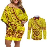 Custom Tonga High School Couples Matching Off Shoulder Short Dress and Long Sleeve Button Shirts Tongan Kupesi Pattern LT05 Yellow - Polynesian Pride
