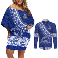 Custom Tupou College Couples Matching Off Shoulder Short Dress and Long Sleeve Button Shirts Tongan Kupesi Pattern LT05 Blue - Polynesian Pride