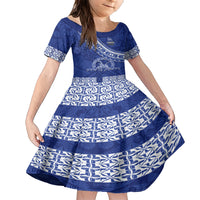 Custom Tupou College Family Matching Short Sleeve Bodycon Dress and Hawaiian Shirt Tongan Kupesi Pattern LT05 Daughter's Dress Blue - Polynesian Pride
