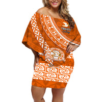 Custom Tailulu College Off Shoulder Short Dress Tongan Kupesi Pattern LT05 Women Orange - Polynesian Pride