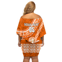 Custom Tailulu College Off Shoulder Short Dress Tongan Kupesi Pattern LT05 - Polynesian Pride