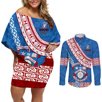 Custom Apifoou College Couples Matching Off Shoulder Short Dress and Long Sleeve Button Shirts Tongan Kupesi Pattern LT05 Blue - Polynesian Pride
