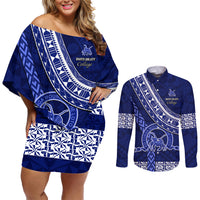 Custom Queen Salote College Couples Matching Off Shoulder Short Dress and Long Sleeve Button Shirts Tongan Kupesi Pattern LT05 Blue - Polynesian Pride