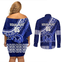 Custom Queen Salote College Couples Matching Off Shoulder Short Dress and Long Sleeve Button Shirts Tongan Kupesi Pattern LT05 - Polynesian Pride