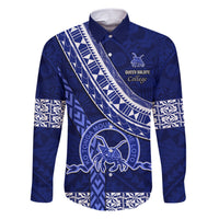 Custom Queen Salote College Family Matching Short Sleeve Bodycon Dress and Hawaiian Shirt Tongan Kupesi Pattern LT05 Dad's Shirt - Long Sleeve Blue - Polynesian Pride