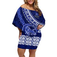 Custom Queen Salote College Off Shoulder Short Dress Tongan Kupesi Pattern LT05 Women Blue - Polynesian Pride