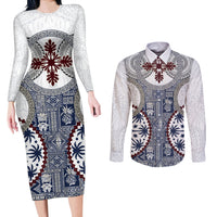 Hawaii Couples Matching Long Sleeve Bodycon Dress and Long Sleeve Button Shirt Barkcloth Pattern Vintage Style LT05 Blue - Polynesian Pride