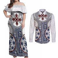 Hawaii Couples Matching Off Shoulder Maxi Dress and Long Sleeve Button Shirt Barkcloth Pattern Vintage Style LT05 Blue - Polynesian Pride