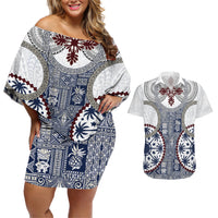 Hawaii Couples Matching Off Shoulder Short Dress and Hawaiian Shirt Barkcloth Pattern Vintage Style LT05 Blue - Polynesian Pride
