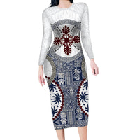 Hawaii Family Matching Long Sleeve Bodycon Dress and Hawaiian Shirt Barkcloth Pattern Vintage Style LT05 Mom's Dress Blue - Polynesian Pride