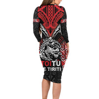 Aotearoa Mana Maori Long Sleeve Bodycon Dress Toitu Te Tiriti LT05 - Polynesian Pride