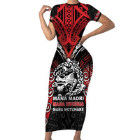 Aotearoa Mana Maori Short Sleeve Bodycon Dress Toitu Te Tiriti LT05 Long Dress Black - Polynesian Pride