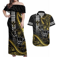 Hawaii Ikaika Warrior Helmet Couples Matching Off Shoulder Maxi Dress and Hawaiian Shirt Gold Style