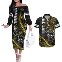 Hawaii Ikaika Warrior Helmet Couples Matching Off The Shoulder Long Sleeve Dress and Hawaiian Shirt Gold Style