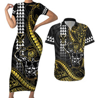 Hawaii Ikaika Warrior Helmet Couples Matching Short Sleeve Bodycon Dress and Hawaiian Shirt Gold Style