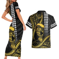 Hawaii Ikaika Warrior Helmet Couples Matching Short Sleeve Bodycon Dress and Hawaiian Shirt Gold Style