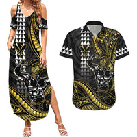Hawaii Ikaika Warrior Helmet Couples Matching Summer Maxi Dress and Hawaiian Shirt Gold Style