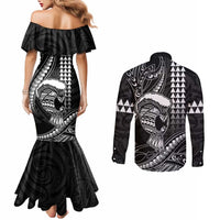 Hawaii Ikaika Warrior Helmet Couples Matching Mermaid Dress and Long Sleeve Button Shirt Black Tribal Tattoo