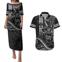 Hawaii Ikaika Warrior Helmet Couples Matching Puletasi and Hawaiian Shirt Black Tribal Tattoo