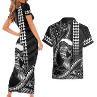 Hawaii Ikaika Warrior Helmet Couples Matching Short Sleeve Bodycon Dress and Hawaiian Shirt Black Tribal Tattoo