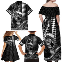 Hawaii Ikaika Warrior Helmet Family Matching Off Shoulder Maxi Dress and Hawaiian Shirt Black Tribal Tattoo