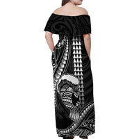 Hawaii Ikaika Warrior Helmet Family Matching Off Shoulder Maxi Dress and Hawaiian Shirt Black Tribal Tattoo