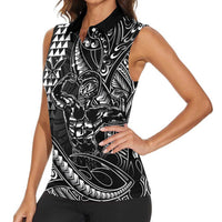 Hawaii Ikaika Warrior Helmet Women Sleeveless Polo Shirt Black Tribal Tattoo