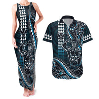 Hawaii Ikaika Warrior Helmet Couples Matching Tank Maxi Dress and Hawaiian Shirt Blue Tribal Tattoo