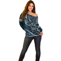 Hawaii Ikaika Warrior Helmet Off Shoulder Sweater Blue Tribal Tattoo