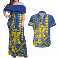 Personalised Hawaii Kaiser High School Couples Matching Off Shoulder Maxi Dress and Hawaiian Shirt Tribal Tattoo With Hibiscus Flowers LT05 Blue - Polynesian Pride