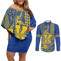 Personalised Hawaii Kaiser High School Couples Matching Off Shoulder Short Dress and Long Sleeve Button Shirt Tribal Tattoo With Hibiscus Flowers LT05 Blue - Polynesian Pride