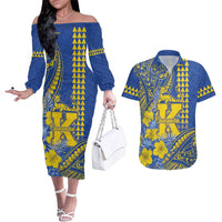 Personalised Hawaii Kaiser High School Couples Matching Off The Shoulder Long Sleeve Dress and Hawaiian Shirt Tribal Tattoo With Hibiscus Flowers LT05 Blue - Polynesian Pride