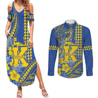 Personalised Hawaii Kaiser High School Couples Matching Summer Maxi Dress and Long Sleeve Button Shirt Tribal Tattoo With Hibiscus Flowers LT05 Blue - Polynesian Pride