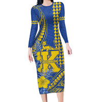 Personalised Hawaii Kaiser High School Family Matching Long Sleeve Bodycon Dress and Hawaiian Shirt Tribal Tattoo With Hibiscus Flowers LT05 Mom's Dress Blue - Polynesian Pride