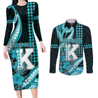 Personalised Hawaii Kapolei High School Couples Matching Long Sleeve Bodycon Dress and Long Sleeve Button Shirt Tribal Tattoo With Hibiscus Flowers LT05 Dark Teal - Polynesian Pride