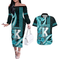 Personalised Hawaii Kapolei High School Couples Matching Off The Shoulder Long Sleeve Dress and Hawaiian Shirt Tribal Tattoo With Hibiscus Flowers LT05 Dark Teal - Polynesian Pride