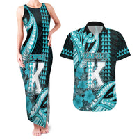 Personalised Hawaii Kapolei High School Couples Matching Tank Maxi Dress and Hawaiian Shirt Tribal Tattoo With Hibiscus Flowers LT05 Dark Teal - Polynesian Pride