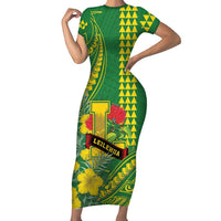 Personalised Hawaii Leilehua High School Family Matching Short Sleeve Bodycon Dress and Hawaiian Shirt Tribal Tattoo With Hibiscus Flowers LT05 Mom's Dress Green - Polynesian Pride