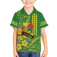 Personalised Hawaii Leilehua High School Family Matching Short Sleeve Bodycon Dress and Hawaiian Shirt Tribal Tattoo With Hibiscus Flowers LT05 Son's Shirt Green - Polynesian Pride