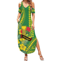 Personalised Hawaii Leilehua High School Family Matching Summer Maxi Dress and Hawaiian Shirt Tribal Tattoo With Hibiscus Flowers LT05 Mom's Dress Green - Polynesian Pride