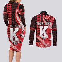Personalised Hawaii Kalani High School Couples Matching Long Sleeve Bodycon Dress and Long Sleeve Button Shirt Tribal Tattoo With Hibiscus Flowers LT05 - Polynesian Pride