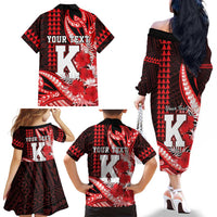 Personalised Hawaii Kalani High School Family Matching Off The Shoulder Long Sleeve Dress and Hawaiian Shirt Tribal Tattoo With Hibiscus Flowers LT05 - Polynesian Pride