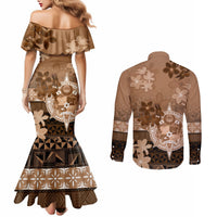 Tonga Emancipation Day Couples Matching Mermaid Dress and Long Sleeve Button Shirt Tongan Kupesi Ngatu Pattern Vintage Style LT05 - Polynesian Pride